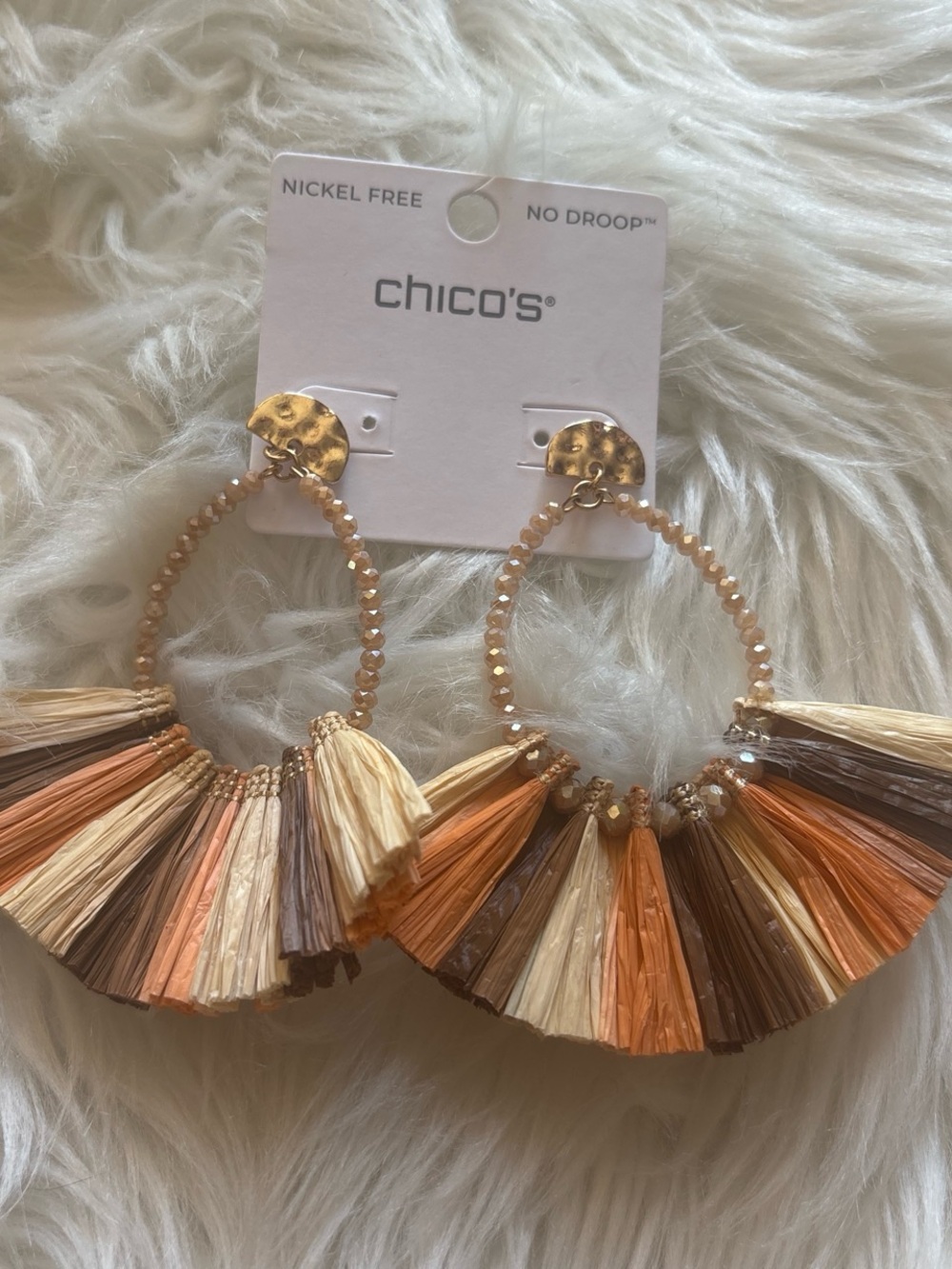 Chico's Raffia Tassel Hoop Earrings in Cream, Tan & Brown